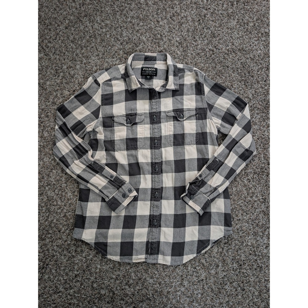Filson Field Flannel Shirt Mens Large Black Cream Buffalo Check Plaid 20049643